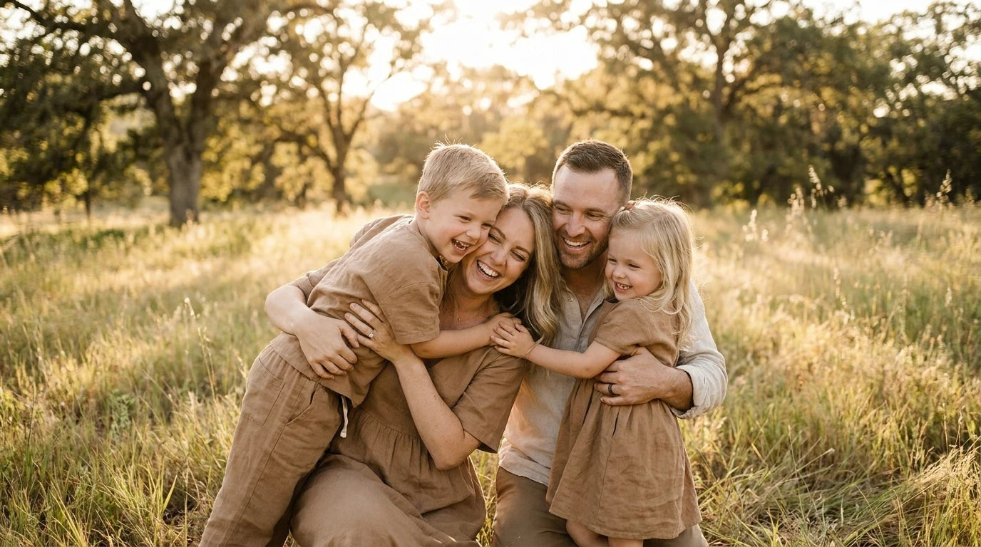 Glückliche, gesunde Familie genießt Zeit in der Natur